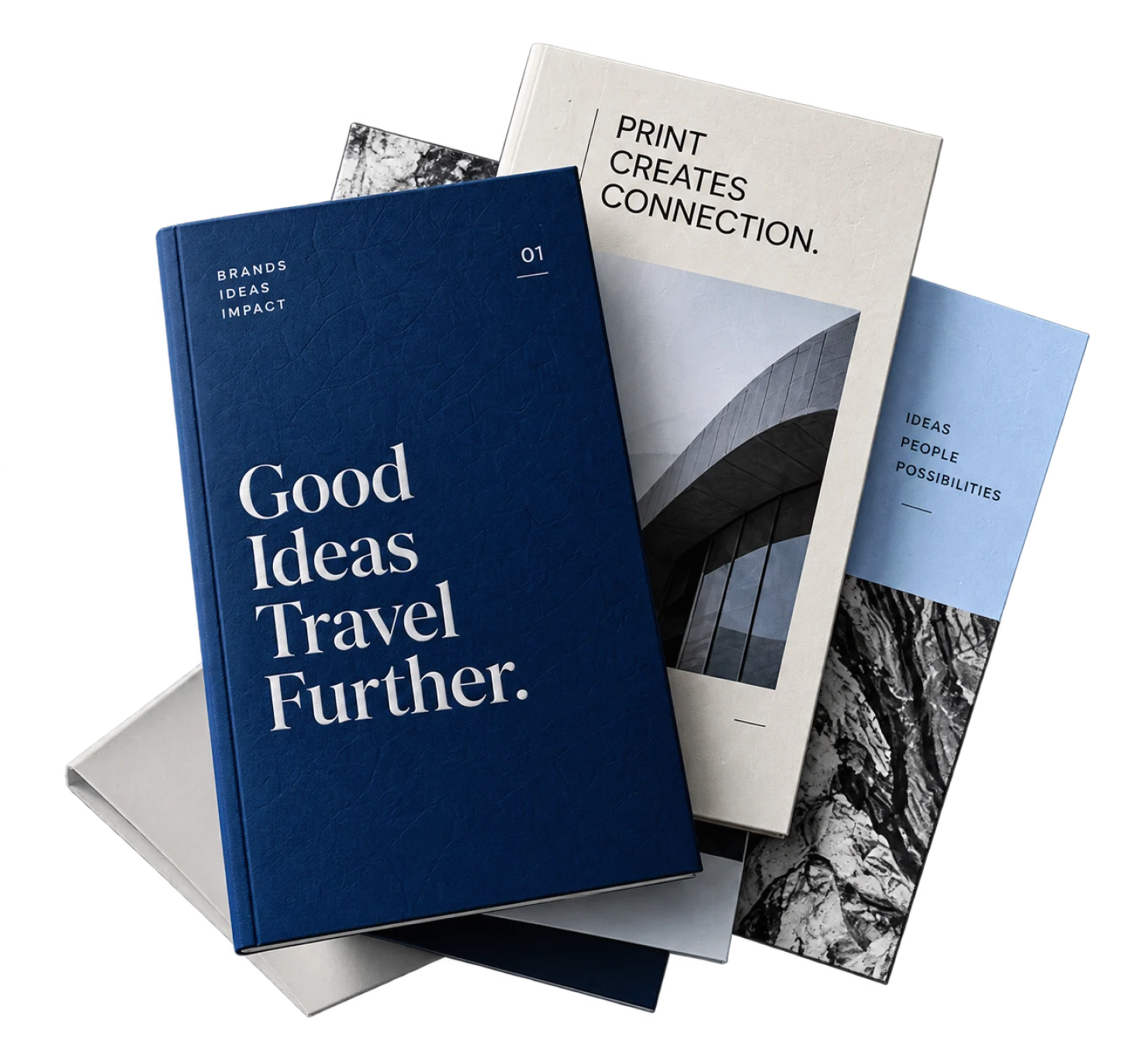 Good Ideas Travel Further and Print Creates Connection books mockup