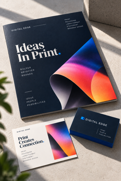 Printed brochure mockup reading 'Ideas In Print'