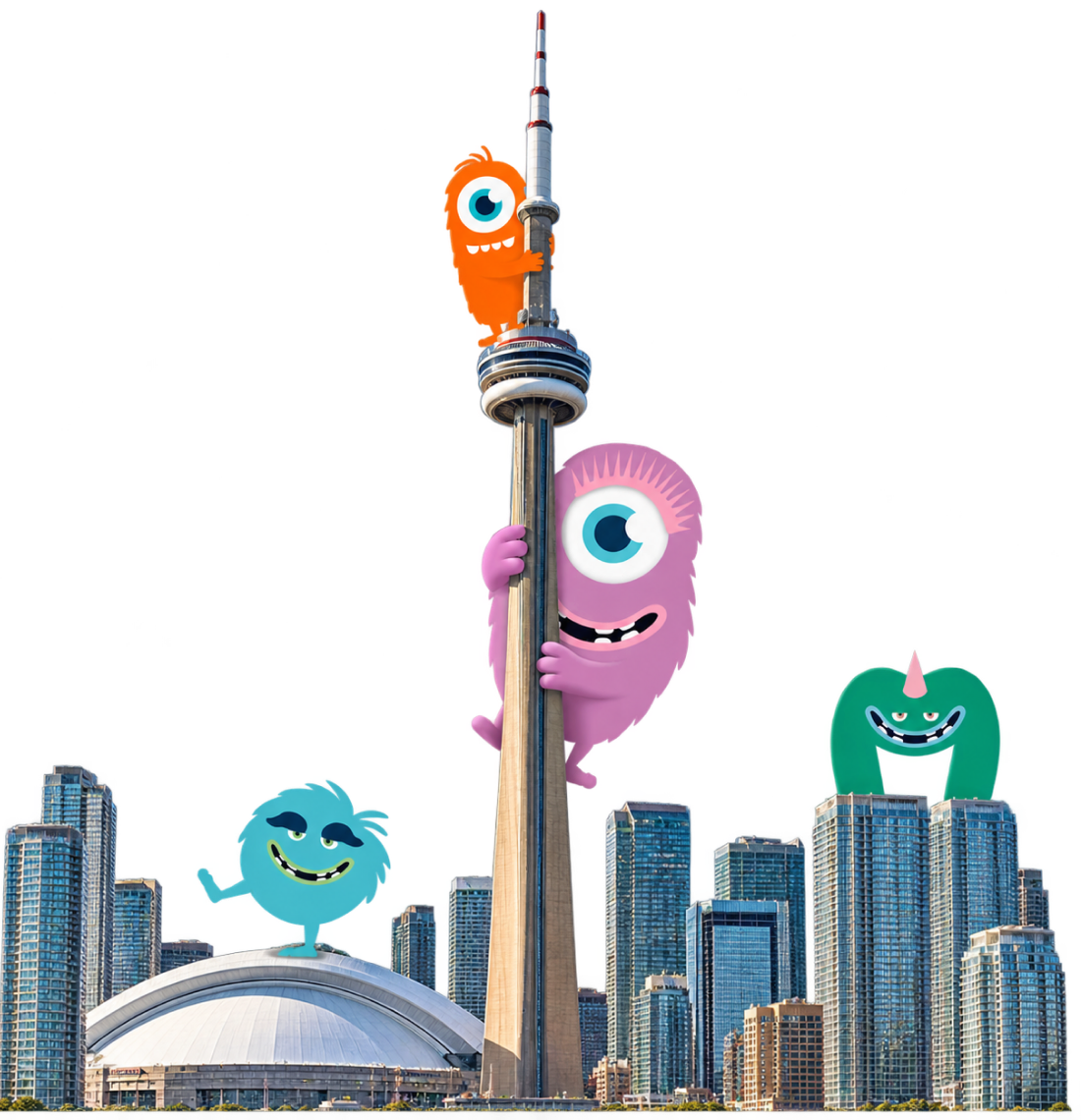 Toronto skyline illustration with the CN Tower and brand characters
